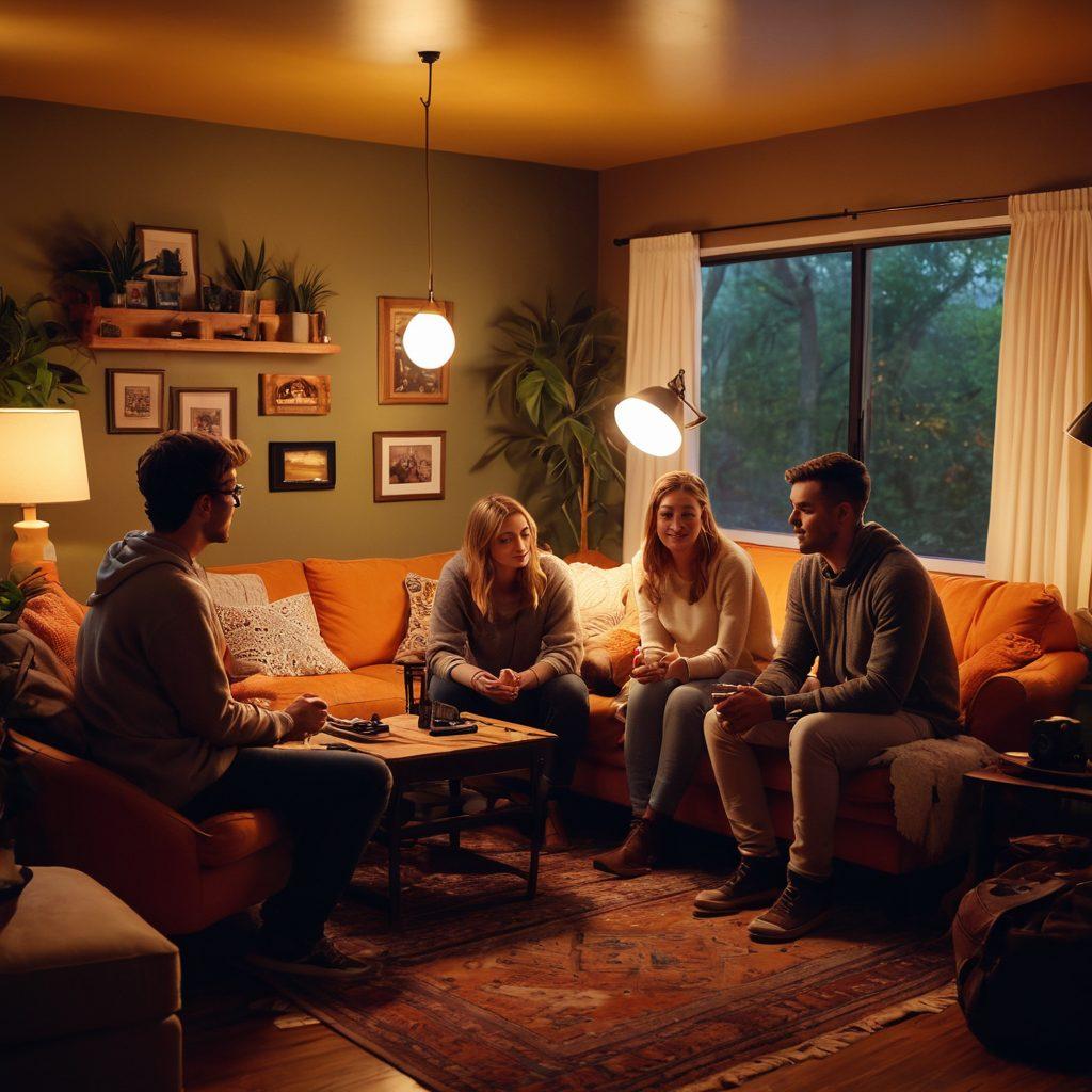 A captivating scene showcasing a diverse group of individuals engaged in different styles of amateur video production, set in a cozy and inviting space. Include cameras, soft lighting, and personal touches that highlight creativity and intimacy. The atmosphere should feel open and welcoming, emphasizing authenticity. super-realistic. vibrant colors. warm lighting.