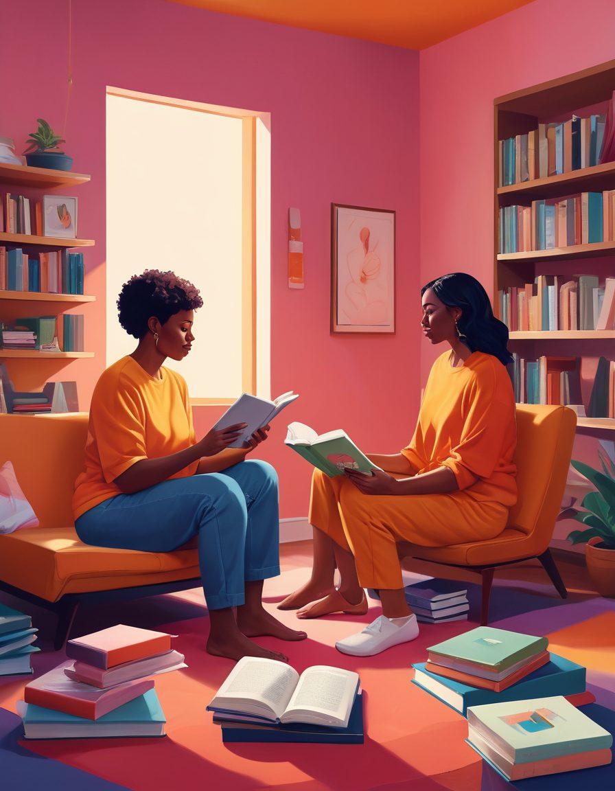 A harmonious blend of abstract and figurative imagery, depicting diverse adults engaging in conversations about sexual wellness, surrounded by educational resources like books and digital screens. Include subtle symbols of pleasure and intimacy interwoven with elements of mature content, all presented in a respectful and enlightening manner. The scene should exude warmth, inclusivity, and empowerment. vibrant colors. soft focus. modern illustration.